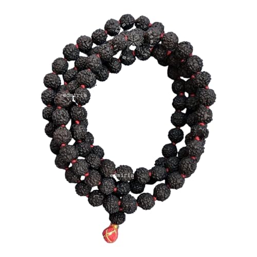 Edmiria Rudraksha Original 5 mukhi Mala 5mm 6mm 7mm 8mm 9mm 10mm 11mm Wood Mala for Pooja,Wearing Japa Mala with Certificate 108 Beads 5 Face(Panchmukhi) Mala Rosary Garland (8mm-Black Rudraksha) - Image 1