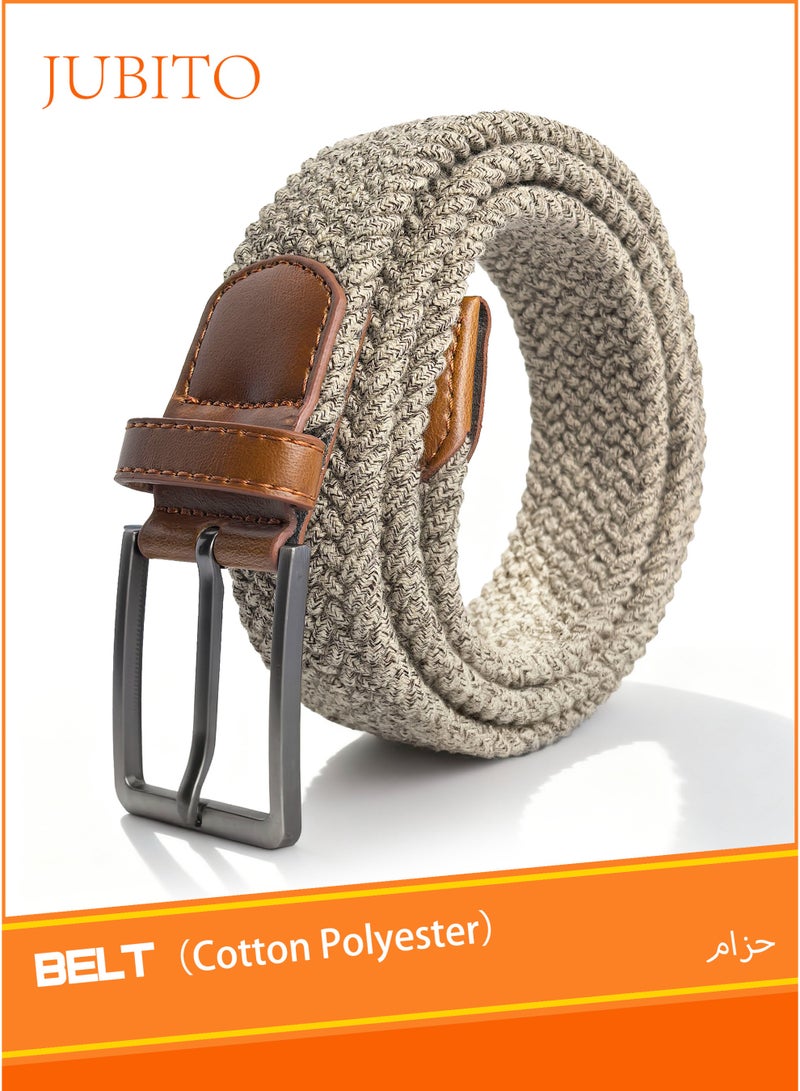 JUBITO Belts, unisex sports and leisure commuting elastic fabric woven belt, beautiful PU edge banding, stretch polyester cotton belt, punch-free design (beige, 110cm) - Image 1