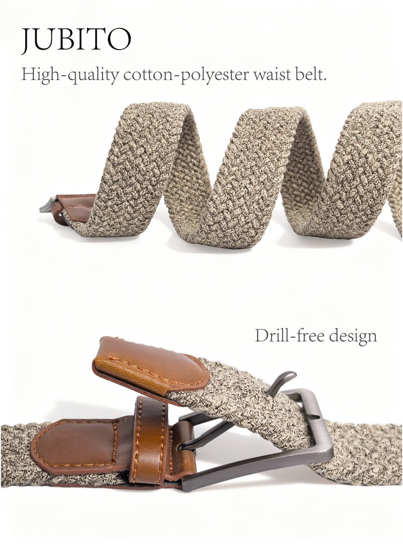 JUBITO Belts, unisex sports and leisure commuting elastic fabric woven belt, beautiful PU edge banding, stretch polyester cotton belt, punch-free design (beige, 110cm) - Image 4