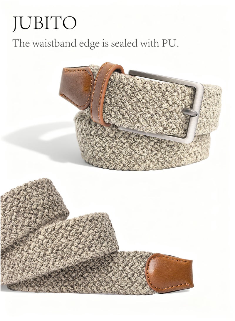 JUBITO Belts, unisex sports and leisure commuting elastic fabric woven belt, beautiful PU edge banding, stretch polyester cotton belt, punch-free design (beige, 110cm) - Image 3