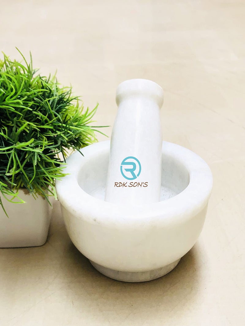 RDK SON'S® Natural Mable Mortar & Pestle Set, Ayurvedic Medicine Crusher, Spice Mixer, Okhli & Musal, Imam Dasta, Kundi and Bhatta, Kharal for Kitchen (Normal Kharal) - Image 1