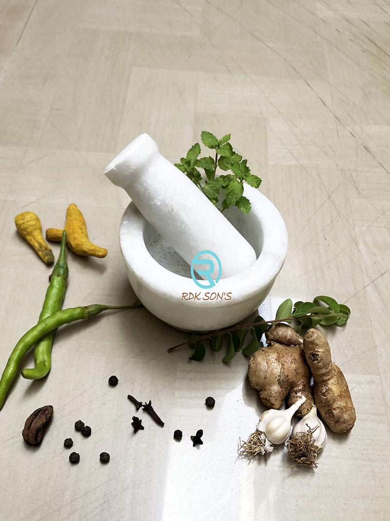 RDK SON'S® Natural Mable Mortar & Pestle Set, Ayurvedic Medicine Crusher, Spice Mixer, Okhli & Musal, Imam Dasta, Kundi and Bhatta, Kharal for Kitchen (Normal Kharal) - Image 4