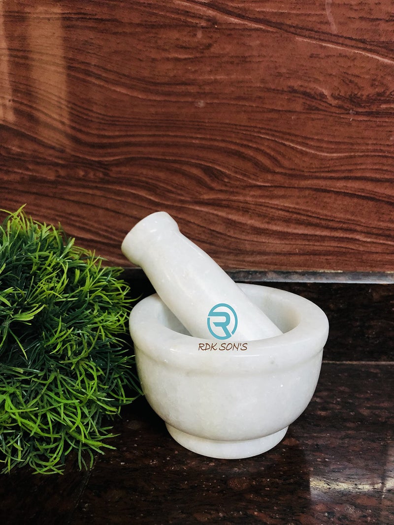 RDK SON'S® Natural Mable Mortar & Pestle Set, Ayurvedic Medicine Crusher, Spice Mixer, Okhli & Musal, Imam Dasta, Kundi and Bhatta, Kharal for Kitchen (Normal Kharal) - Image 2