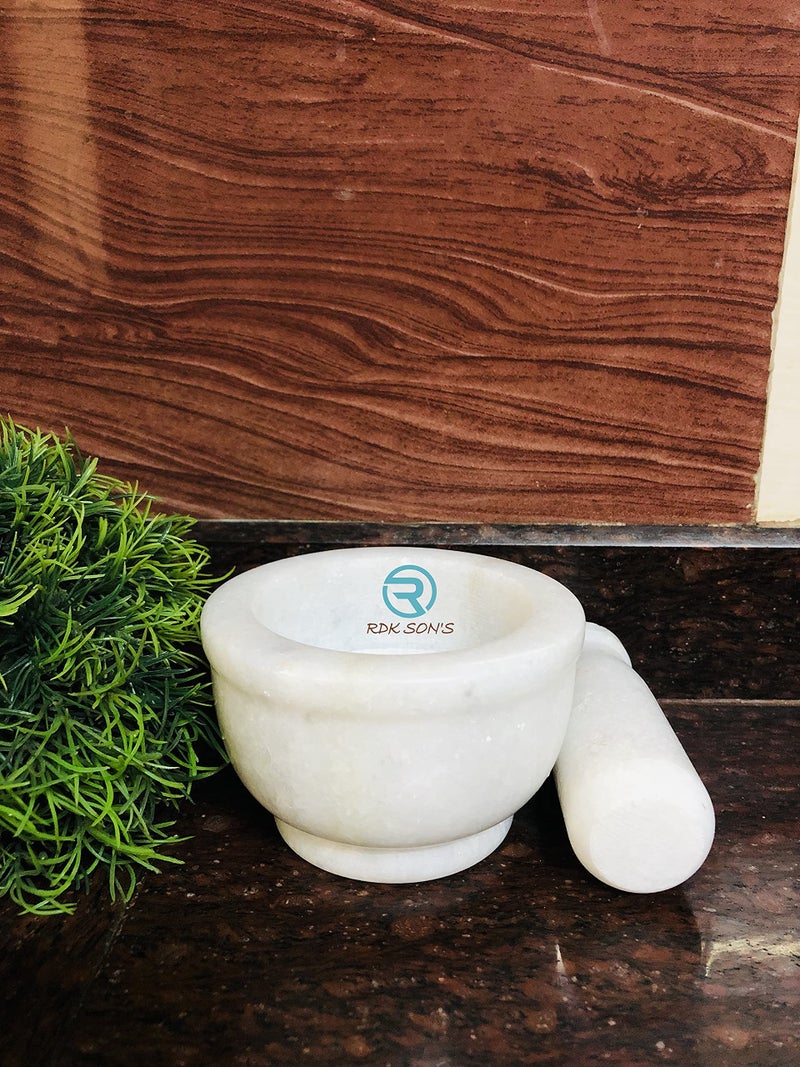 RDK SON'S® Natural Mable Mortar & Pestle Set, Ayurvedic Medicine Crusher, Spice Mixer, Okhli & Musal, Imam Dasta, Kundi and Bhatta, Kharal for Kitchen (Normal Kharal) - Image 3