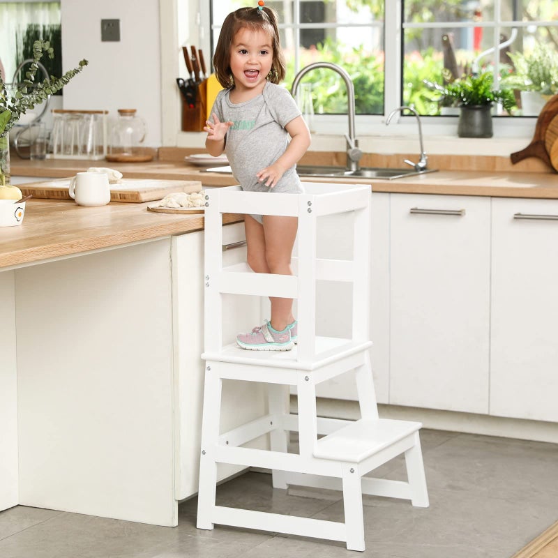 Wiifo Kids Kitchen Step Stool for Kids with Safety RailSolid Wood Construction Toddler Learning Stool Montessori Toddlers Kitchen Stool Tower White