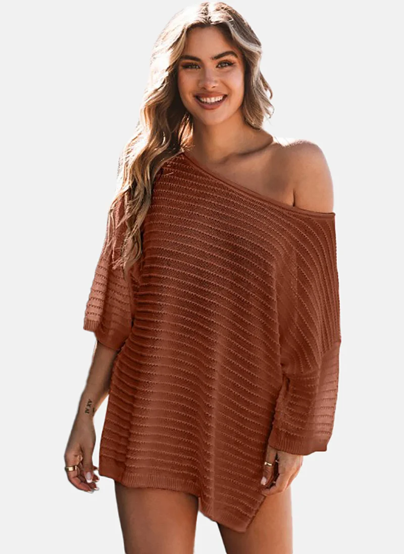 YUNIQEE Women Acrylic Striped Round Neck Extended Sleeves Semi Sheer Top