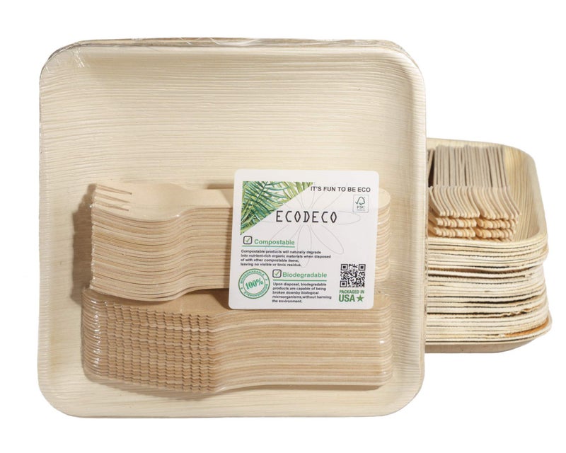ECODECO Palm Leaf Plates 50 pcs 8 Inch Square Disposable Like Bamboo Party Plates with Cutlery