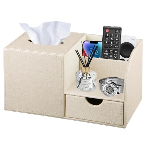 PUSU Nightstand Organizer with Tissue Holder,PU Leather Square Tissue Box Cover,Modern Facial Paper Organizer Storage Box for Remote Control,Bathroom,Vanity Countertop,End Table Home Office.Beige - Image 1