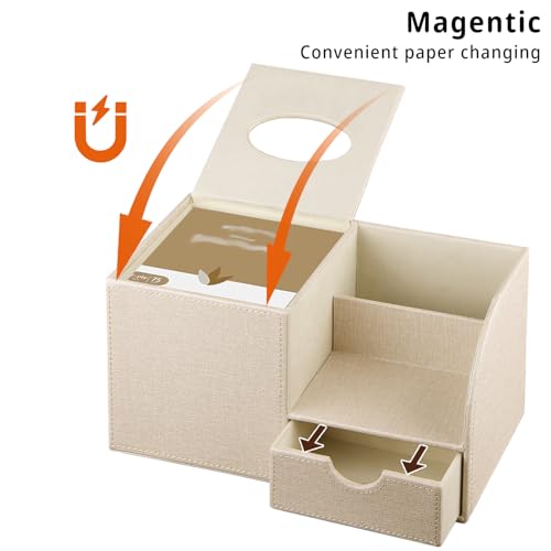 PUSU Nightstand Organizer with Tissue Holder,PU Leather Square Tissue Box Cover,Modern Facial Paper Organizer Storage Box for Remote Control,Bathroom,Vanity Countertop,End Table Home Office.Beige - Image 4