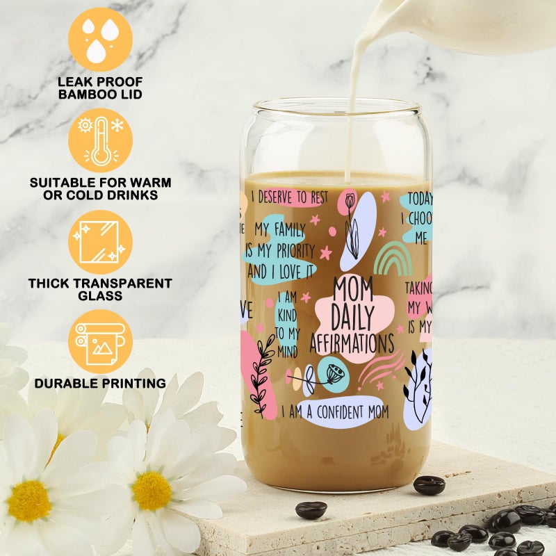 VIISPIRIT Gifts For Mom - Mom Daily Affirmations Cup for Mother's Day from Daughter, Son - Birthday Gifts For Women, Mama, Stepmom, Her, Wife, Bonusmom, New Mum - 16oz Iced Coffee Glass Cup with Straw Lid - Image 5