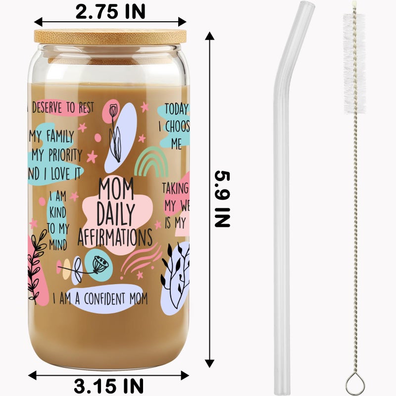VIISPIRIT Gifts For Mom - Mom Daily Affirmations Cup for Mother's Day from Daughter, Son - Birthday Gifts For Women, Mama, Stepmom, Her, Wife, Bonusmom, New Mum - 16oz Iced Coffee Glass Cup with Straw Lid - Image 2