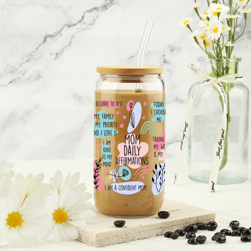 VIISPIRIT Gifts For Mom - Mom Daily Affirmations Cup for Mother's Day from Daughter, Son - Birthday Gifts For Women, Mama, Stepmom, Her, Wife, Bonusmom, New Mum - 16oz Iced Coffee Glass Cup with Straw Lid - Image 4