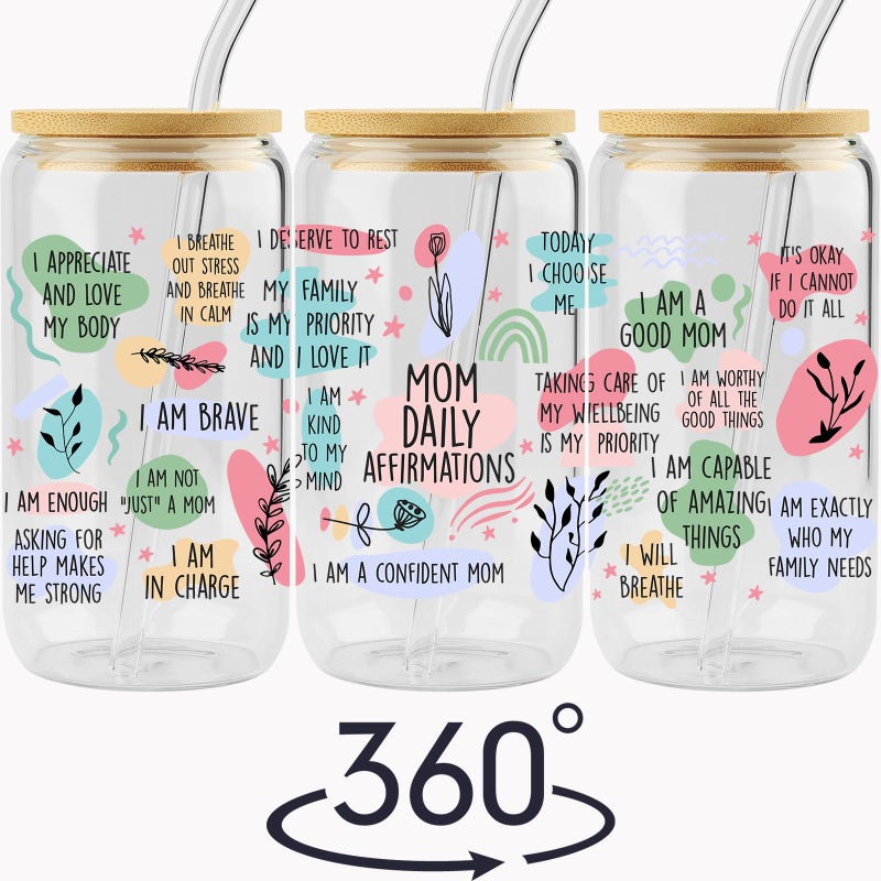 VIISPIRIT Gifts For Mom - Mom Daily Affirmations Cup for Mother's Day from Daughter, Son - Birthday Gifts For Women, Mama, Stepmom, Her, Wife, Bonusmom, New Mum - 16oz Iced Coffee Glass Cup with Straw Lid - Image 3