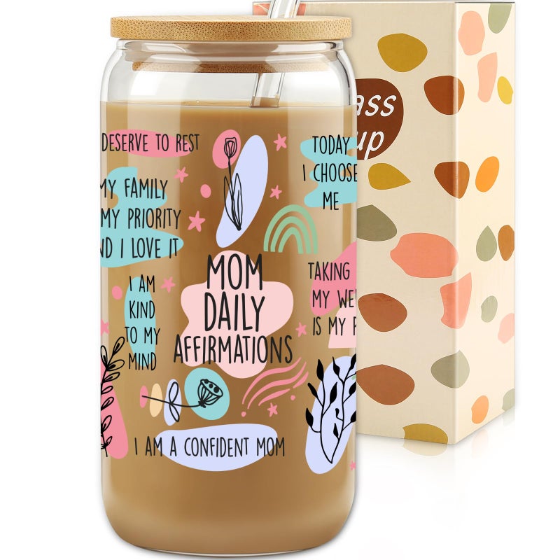 VIISPIRIT Gifts For Mom - Mom Daily Affirmations Cup for Mother's Day from Daughter, Son - Birthday Gifts For Women, Mama, Stepmom, Her, Wife, Bonusmom, New Mum - 16oz Iced Coffee Glass Cup with Straw Lid - Image 1