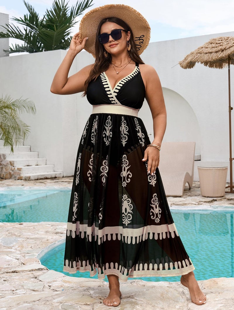SCOMCHIC Womens Plus Size One Piece Swimsuit Tummy Control Bathing Suit Floral Prints Curvy Mesh Swim Skirt - Image 4