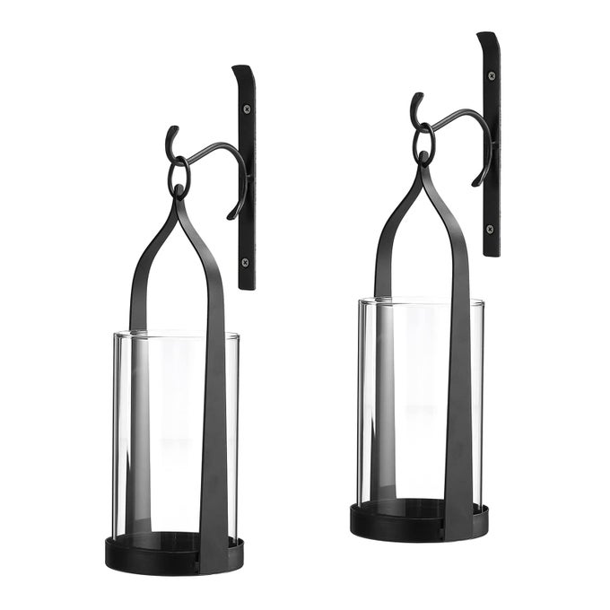 HANGING WALL SCONCE MEDIEVAL MODERN WALL MOUNTED HURRICANE CANDLE HOLDER GLASS METAL FARMHOUSE HANDCRAFTED WALL ART DECORATIONS BLACK SET OF 2 HT210205B2