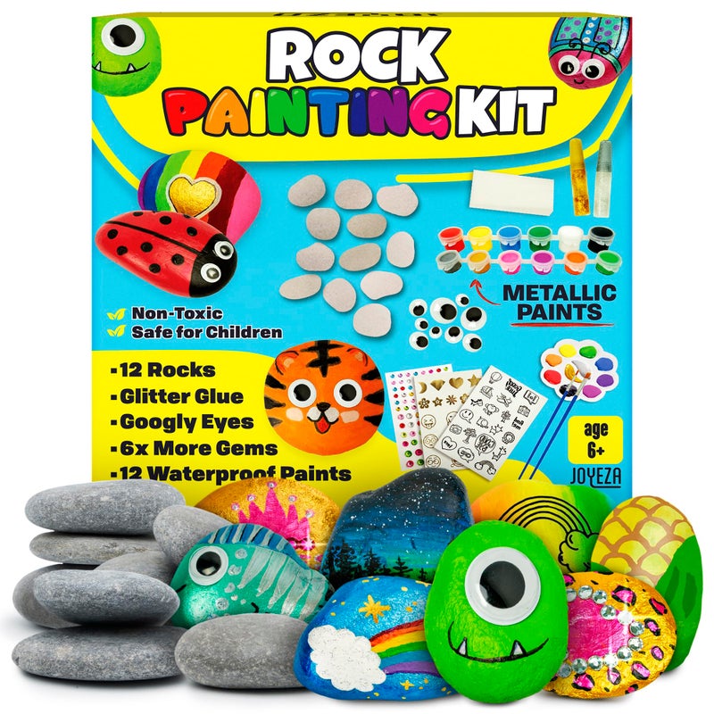 JOYEZA Rock Painting Kit Deluxe, Arts and Crafts for Girls Boys Age 6+, 12 Rocks Tween Gift Art Set, Waterproof Paints, Craft Kits Art Supplies, Kids Crafts Ages 6-8, Kids Activities 6 7 8 9 10 - Image 1