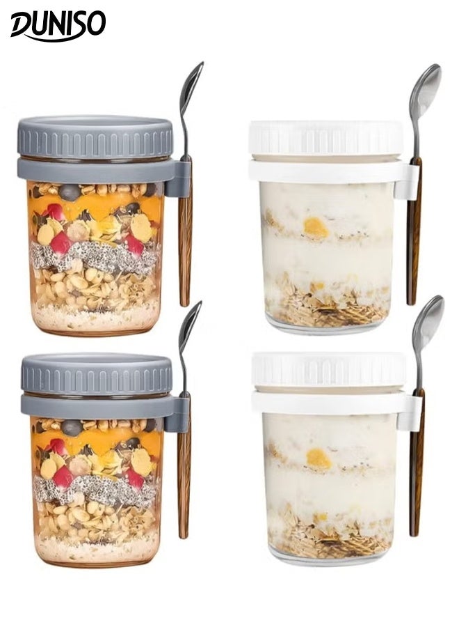 DUNISO 4 عبوات زجاجية لتخزين الشوفان مع غطاء وملعقة سعة 350 مل علب إفطار محكمة الإغلاق حاويات تخزين للمطبخ للأطعمة مثل الحبوب والفواكه والخضروات والحليب والسلطة والزبادي وتحضير الوجبات - Image 1