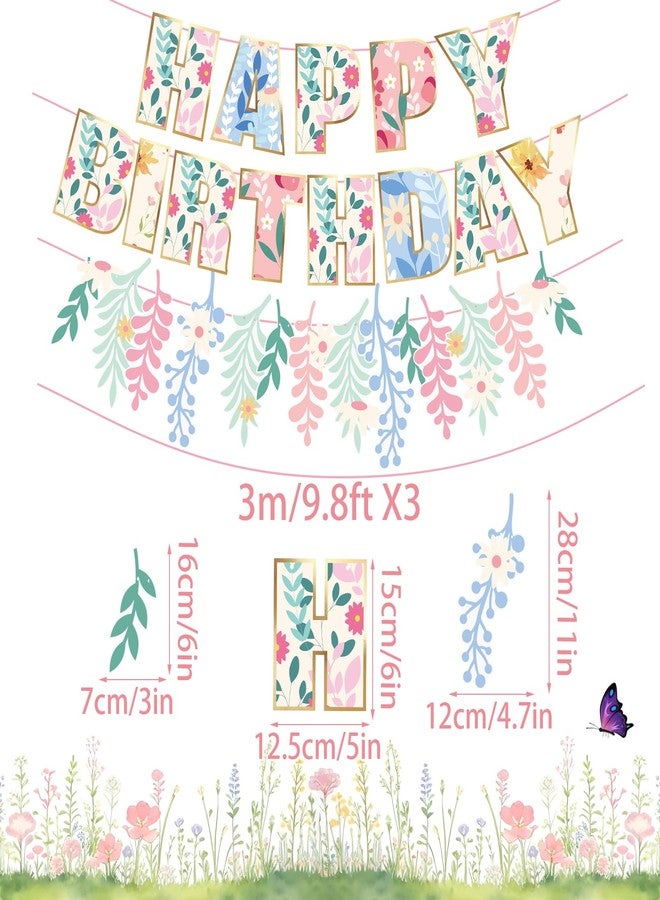 Easy Joy 3PCS Wildflower Happy Birthday Banner - Floral Theme - Girls & Women - Indoor/Outdoor - Image 2