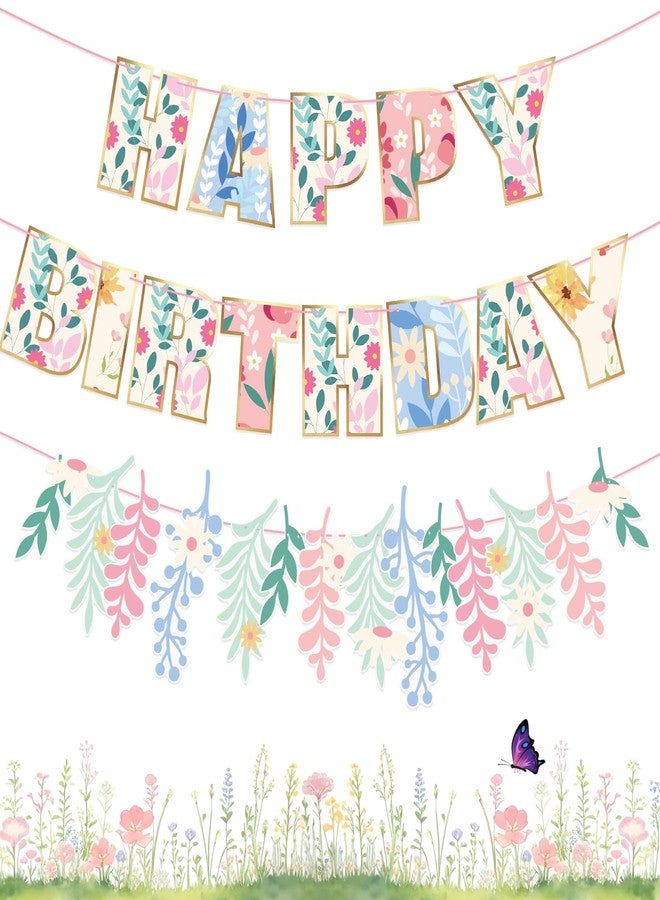 Easy Joy 3PCS Wildflower Happy Birthday Banner - Floral Theme - Girls & Women - Indoor/Outdoor - Image 1