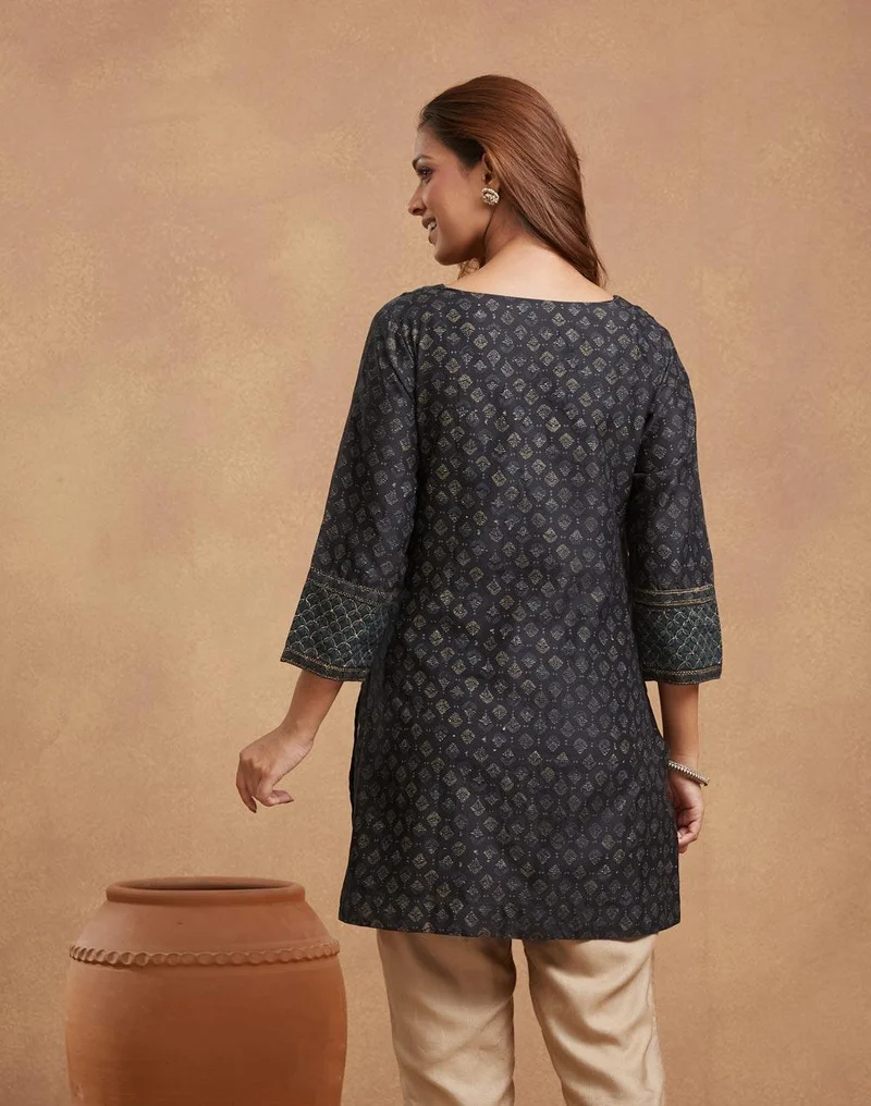 Fabindia Black Cotton Silk Hand Block Printed Slim Fit Short Kurta