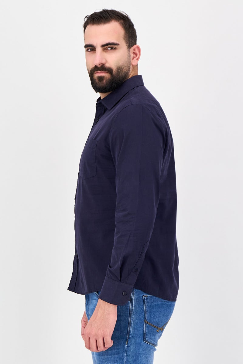 Aeropostale Men Regular Fit Long Sleeve Plain Casual Shirt, Navy Blue - Image 2