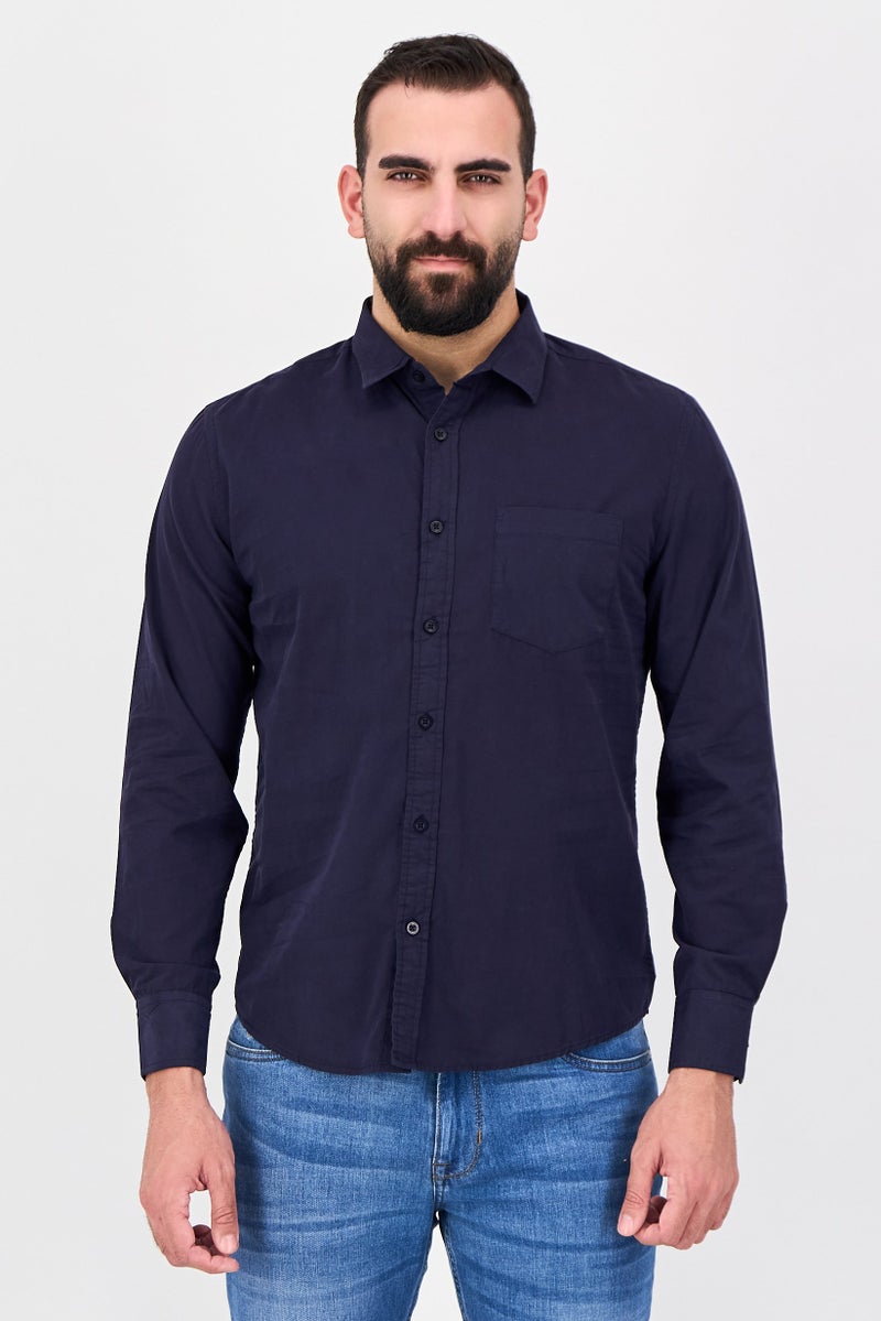 Aeropostale Men Regular Fit Long Sleeve Plain Casual Shirt, Navy Blue - Image 1
