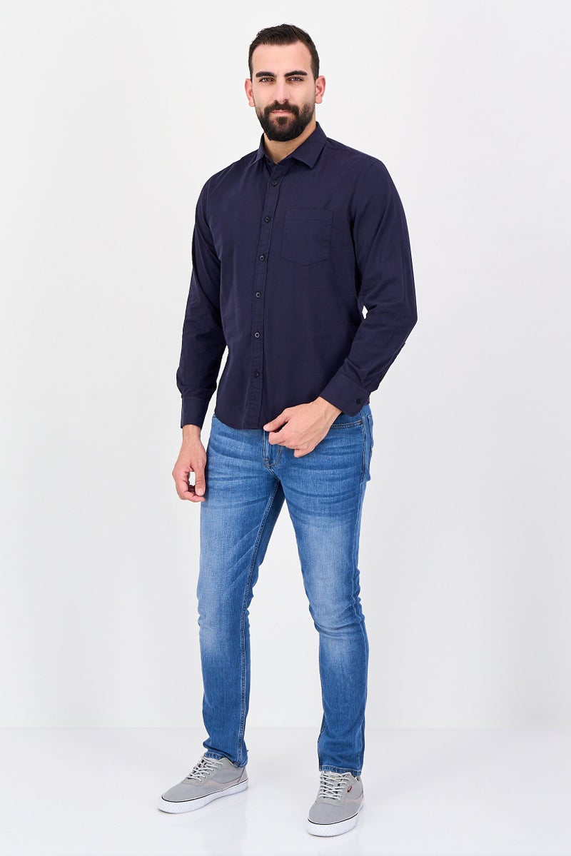 Aeropostale Men Regular Fit Long Sleeve Plain Casual Shirt, Navy Blue - Image 4