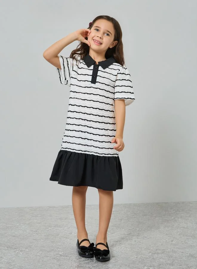 Take Two Girls Striped Collared Ruffle Hem Dress