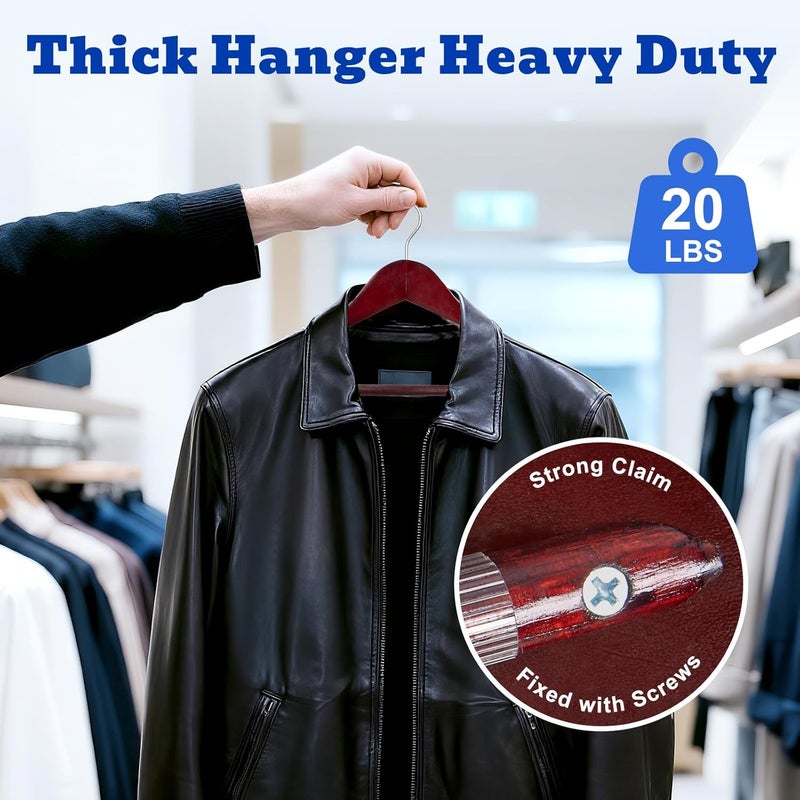 HOUSE DAY High-Grade Coat Hangers, Wide Shoulder Wooden Hangers with Non Slip Pants Bar, Smooth Retro Finish 360° Swivel Hook Solid Wood Coat Hangers for Heavy Clothes Hanger 6 Pack (Cherry Wood) - Image 5