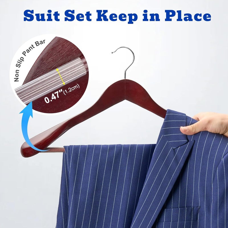 HOUSE DAY High-Grade Coat Hangers, Wide Shoulder Wooden Hangers with Non Slip Pants Bar, Smooth Retro Finish 360° Swivel Hook Solid Wood Coat Hangers for Heavy Clothes Hanger 6 Pack (Cherry Wood) - Image 4