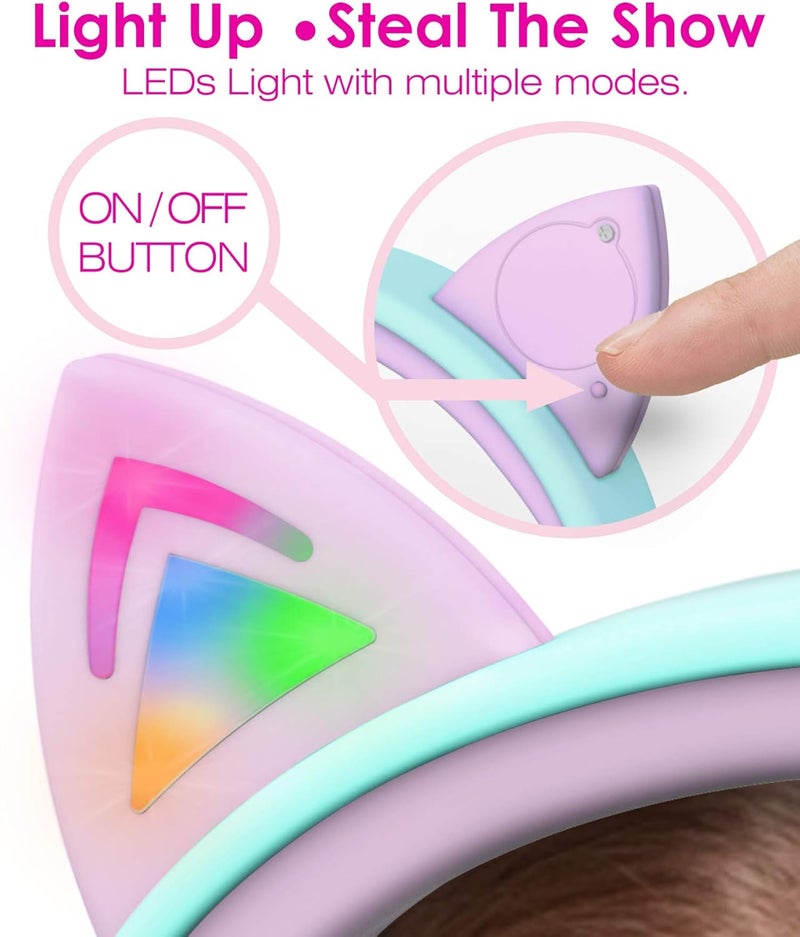 FosPower Kids Headphones with LED Cat Ears (85dB Safe Volume Limit), 3.5mm Soft On-Ear Wired Headphones with Tangle-Free Laced Cables for iPad/Tablet/School/Travel - Teal/Light Purple - Image 5