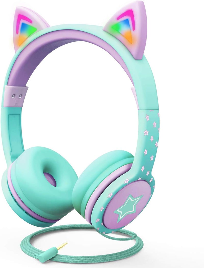 FosPower Kids Headphones with LED Cat Ears (85dB Safe Volume Limit), 3.5mm Soft On-Ear Wired Headphones with Tangle-Free Laced Cables for iPad/Tablet/School/Travel - Teal/Light Purple - Image 1