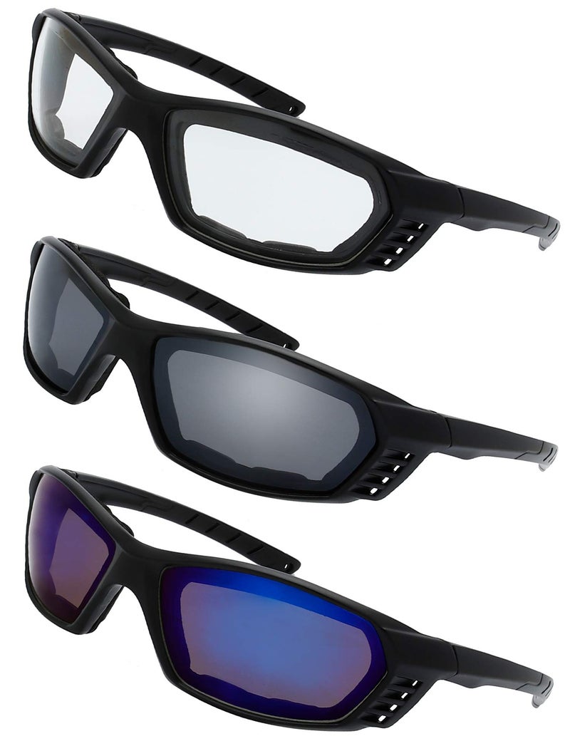 The Fresh Motorcycle Riding Glasses Padded Frame Lens Block 100% UVB for Outdoor Activity Sport (24M-Matte Black, Clear, Grey, & Blue Mirror) - Image 1