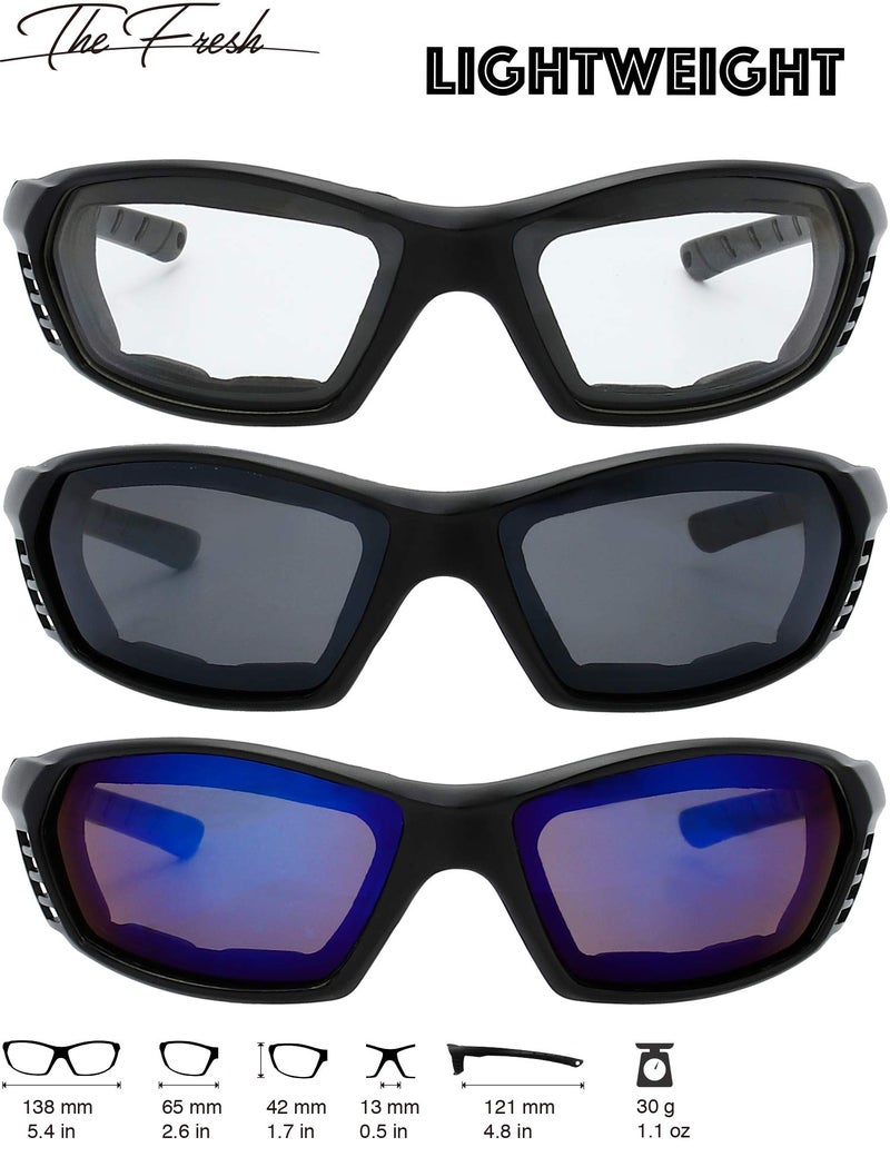 The Fresh Motorcycle Riding Glasses Padded Frame Lens Block 100% UVB for Outdoor Activity Sport (24M-Matte Black, Clear, Grey, & Blue Mirror) - Image 2