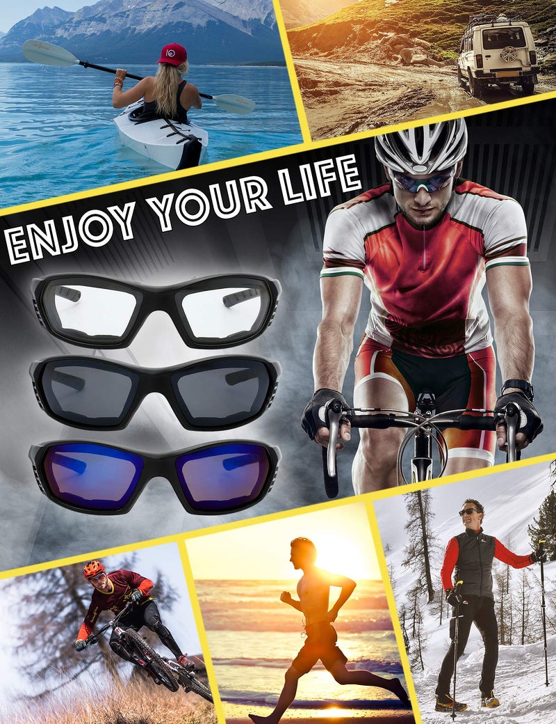 The Fresh Motorcycle Riding Glasses Padded Frame Lens Block 100% UVB for Outdoor Activity Sport (24M-Matte Black, Clear, Grey, & Blue Mirror) - Image 3