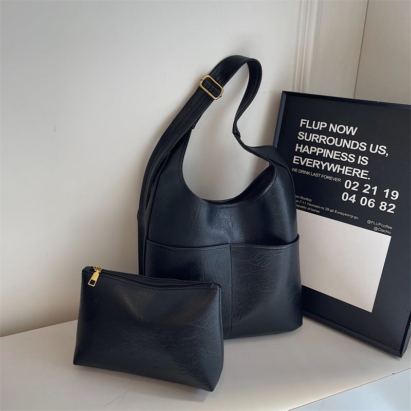Vintage Academy-Style Soft Leather Tote Bag Casual Simple All-Match South Korea Ins Shoulder Bag Women'S Large Capacity Bag - Image 2