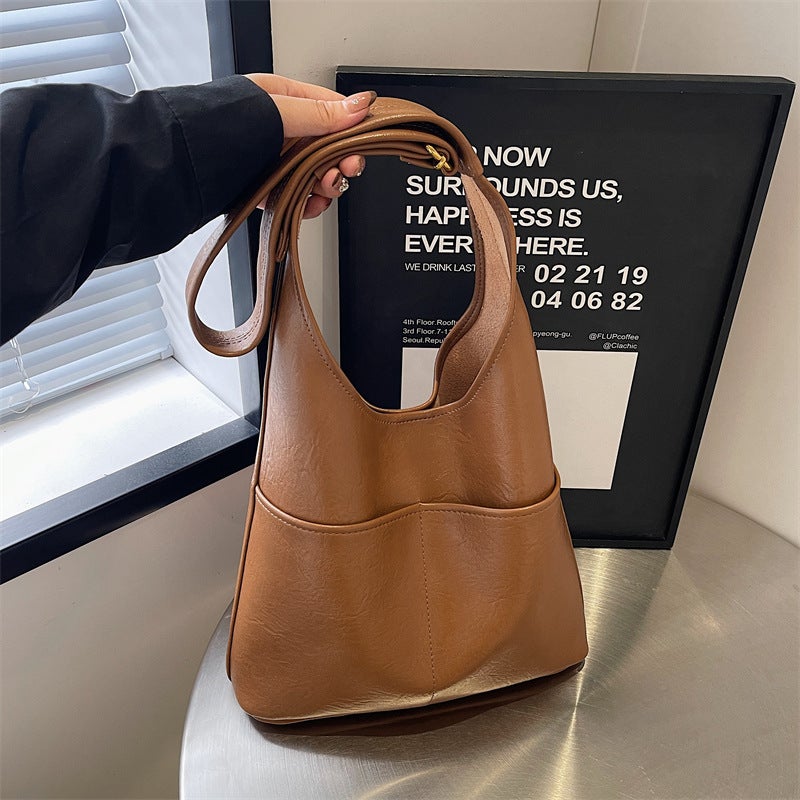 Vintage Academy-Style Soft Leather Tote Bag Casual Simple All-Match South Korea Ins Shoulder Bag Women'S Large Capacity Bag - Image 4
