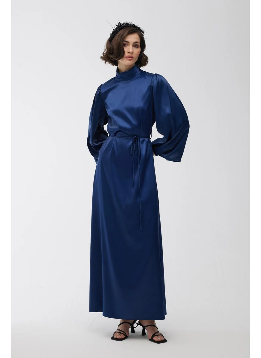 Manuka Balloon Sleeve Satin Evening Dress Navy Blue