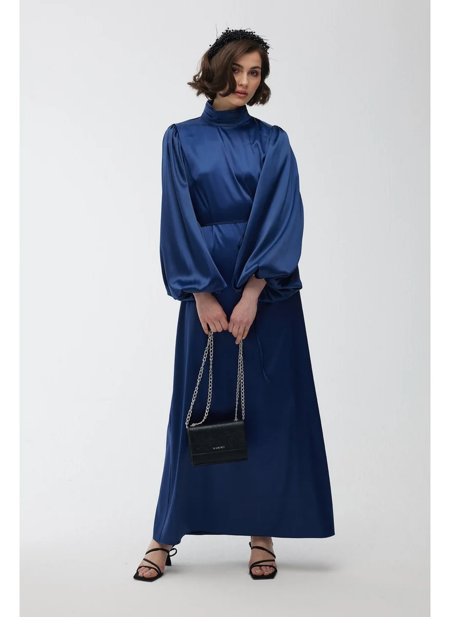 Manuka Balloon Sleeve Satin Evening Dress Navy Blue