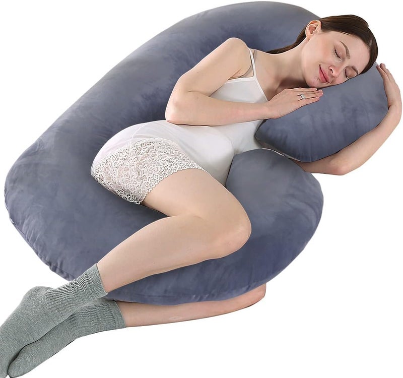 PumPum Pregnancy Pillow, C Shaped Full Body Pillow for Maternity Support, Pregnant Women Sleeping Pillow with Velvet Cover (Dark Grey) - Image 1