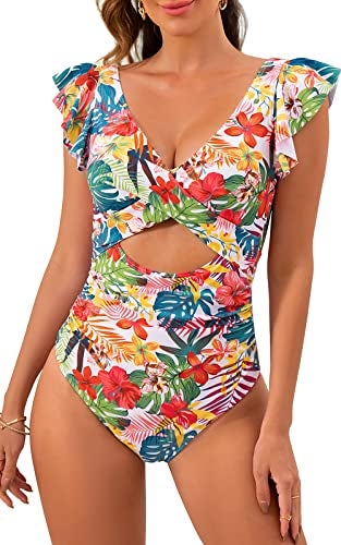 B2prity Women's One Piece Swimsuit Ruffle Cutout Bathing Suits Slimming Tummy Control V Neck Wrap Swimwear - Image 1