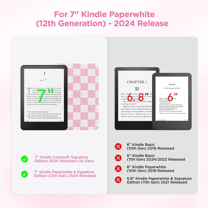 SESENSE Detachable Magnetic Case for 7'' Kindle Paperwhite 12th Gen 2024 and Kindle Colorsoft Signature Edition, Slim PU Shell Cover Case with Auto Wake/Sleep, Pink and White Checkerboard - Image 2