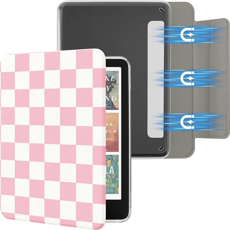 SESENSE Detachable Magnetic Case for 7'' Kindle Paperwhite 12th Gen 2024 and Kindle Colorsoft Signature Edition, Slim PU Shell Cover Case with Auto Wake/Sleep, Pink and White Checkerboard - Image 1