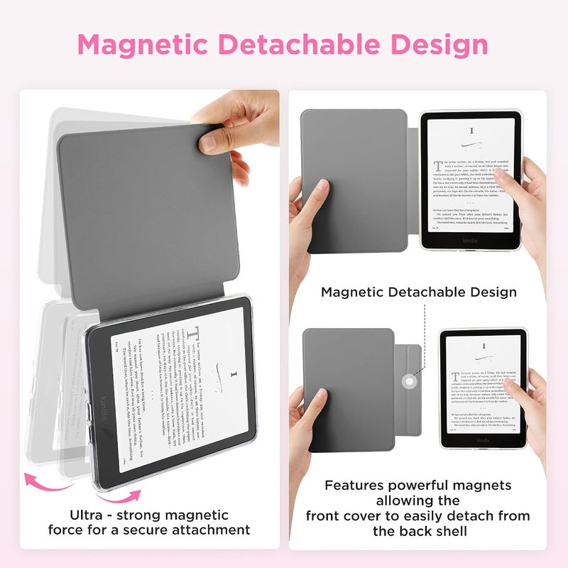 SESENSE Detachable Magnetic Case for 7'' Kindle Paperwhite 12th Gen 2024 and Kindle Colorsoft Signature Edition, Slim PU Shell Cover Case with Auto Wake/Sleep, Pink and White Checkerboard - Image 3