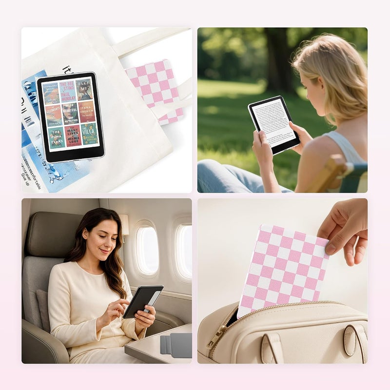 SESENSE Detachable Magnetic Case for 7'' Kindle Paperwhite 12th Gen 2024 and Kindle Colorsoft Signature Edition, Slim PU Shell Cover Case with Auto Wake/Sleep, Pink and White Checkerboard - Image 5