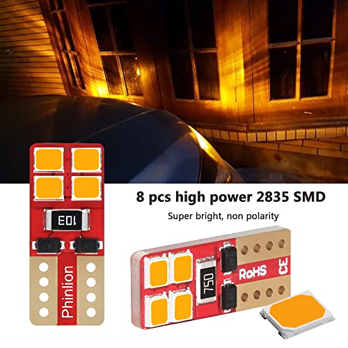 PHINLION Super Bright Miniature Wedge T10 168 194 2825 2827 12396 LED Bulbs for Car Interior Dome Map Side Marker Parking Lights, Amber Yellow (10 Pack) - Image 2