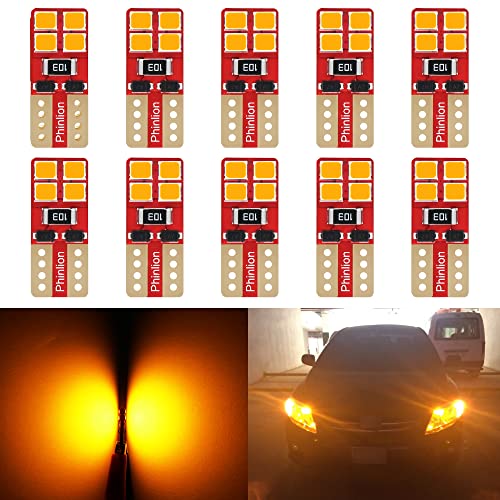 PHINLION Super Bright Miniature Wedge T10 168 194 2825 2827 12396 LED Bulbs for Car Interior Dome Map Side Marker Parking Lights, Amber Yellow (10 Pack) - Image 1