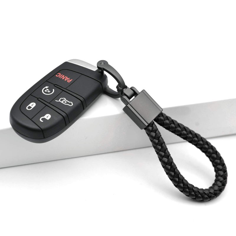 FEYOUN Universal Black Leather Car Fob Keychain Metal Keyring Woven Strap Braided Rope Key Chain for Men and Women - Matte Black Color, with 360 Degree Rotatable D-ring and Screwdriver - Image 3