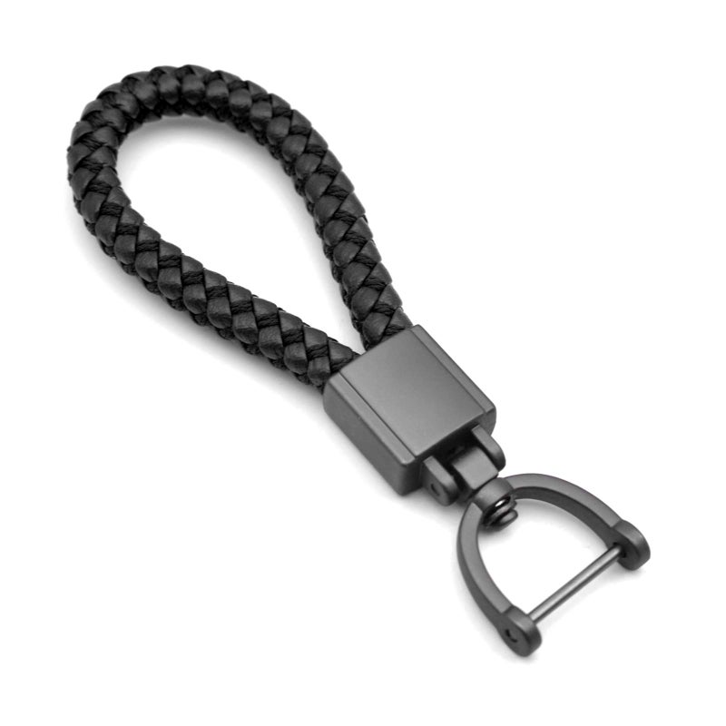 FEYOUN Universal Black Leather Car Fob Keychain Metal Keyring Woven Strap Braided Rope Key Chain for Men and Women - Matte Black Color, with 360 Degree Rotatable D-ring and Screwdriver - Image 1